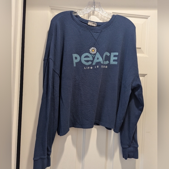 Life Is Good Tops - Life Is Good Women's Crop Long Sleeve "Peace" Henley Navy‎ Blue Base Layer XXL